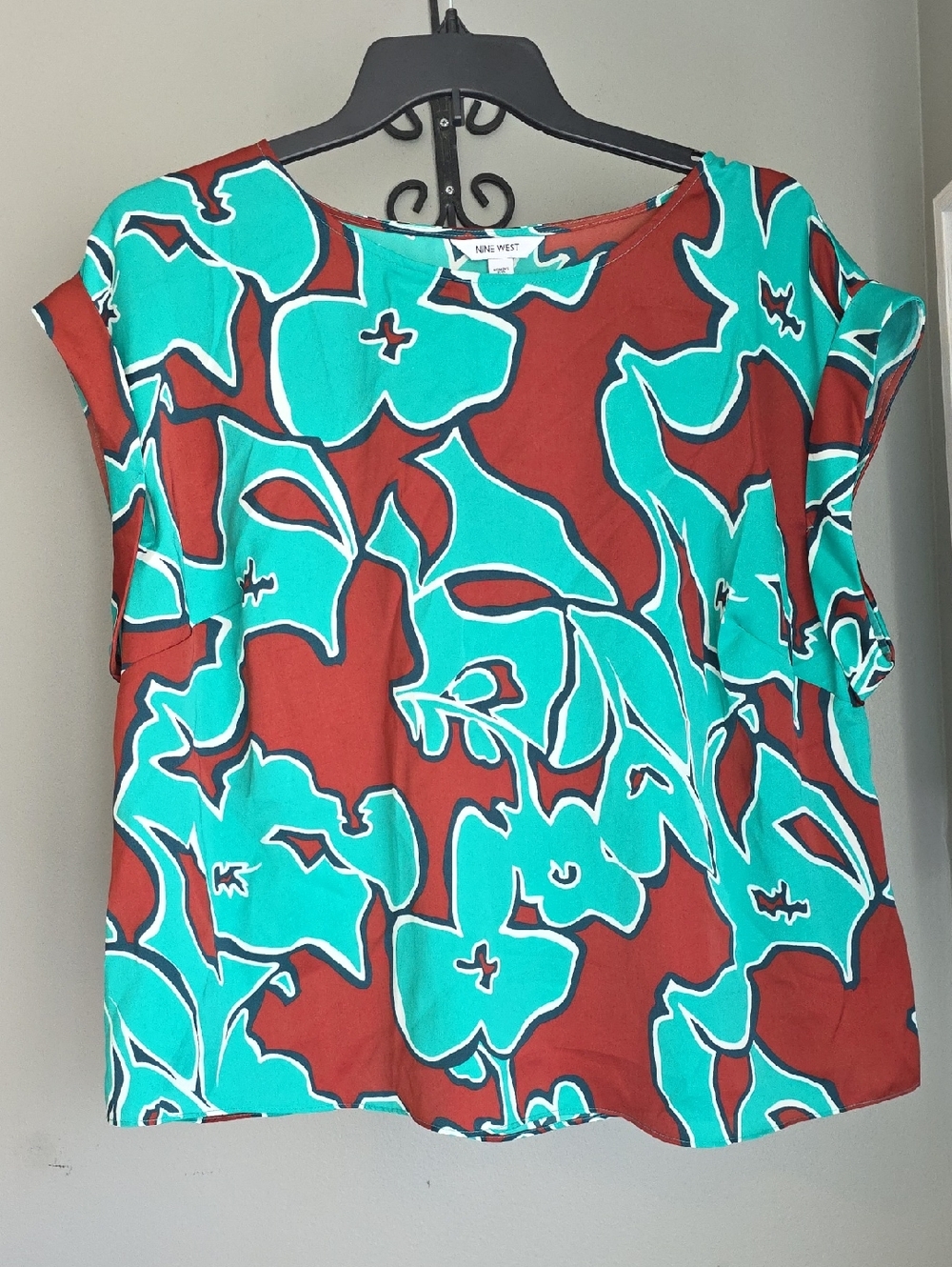 Nine West Teal & Rust Floral Cap Sleeve Blouse Size 1X